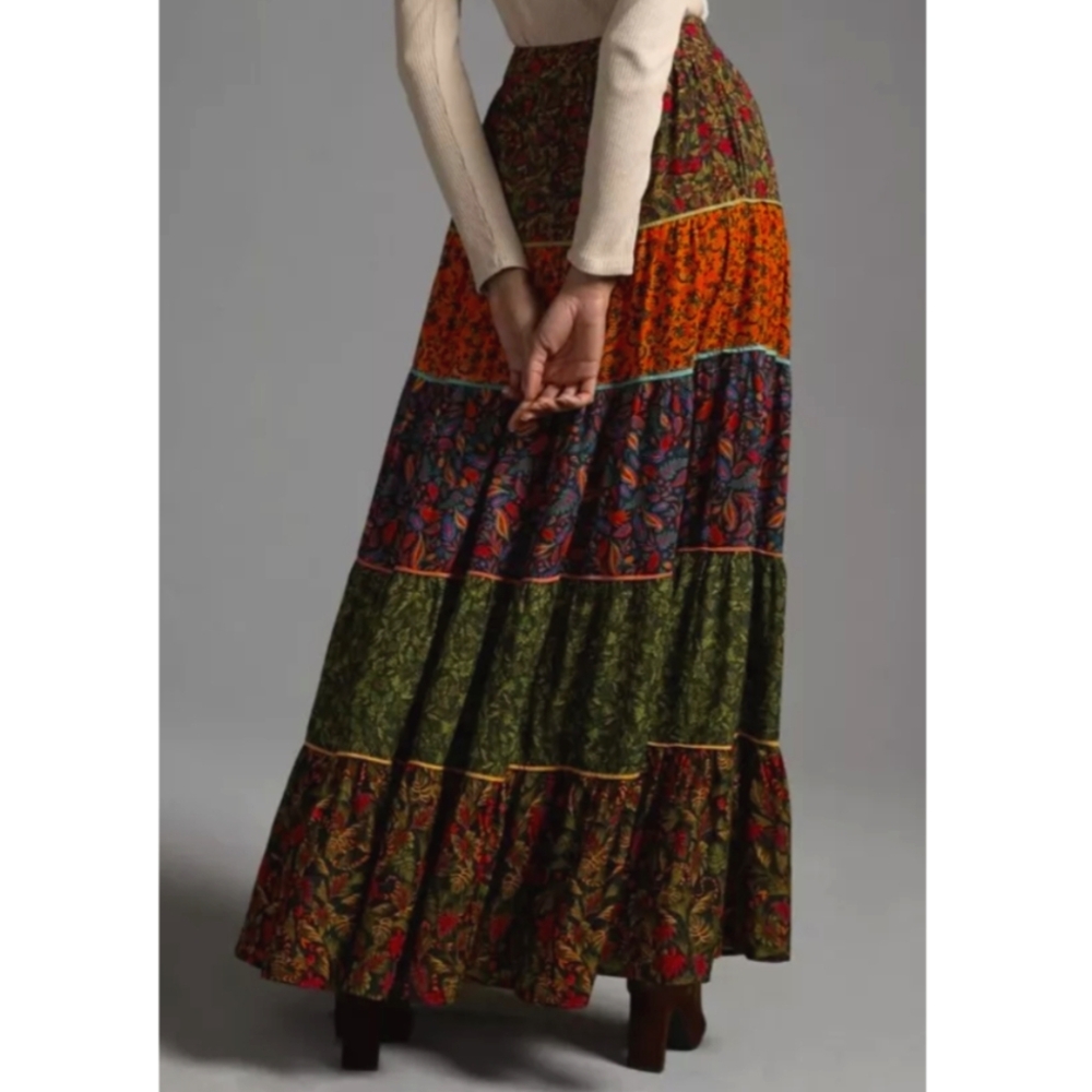 Bohemian Tiered Maxi Skirt in Olive & Rust